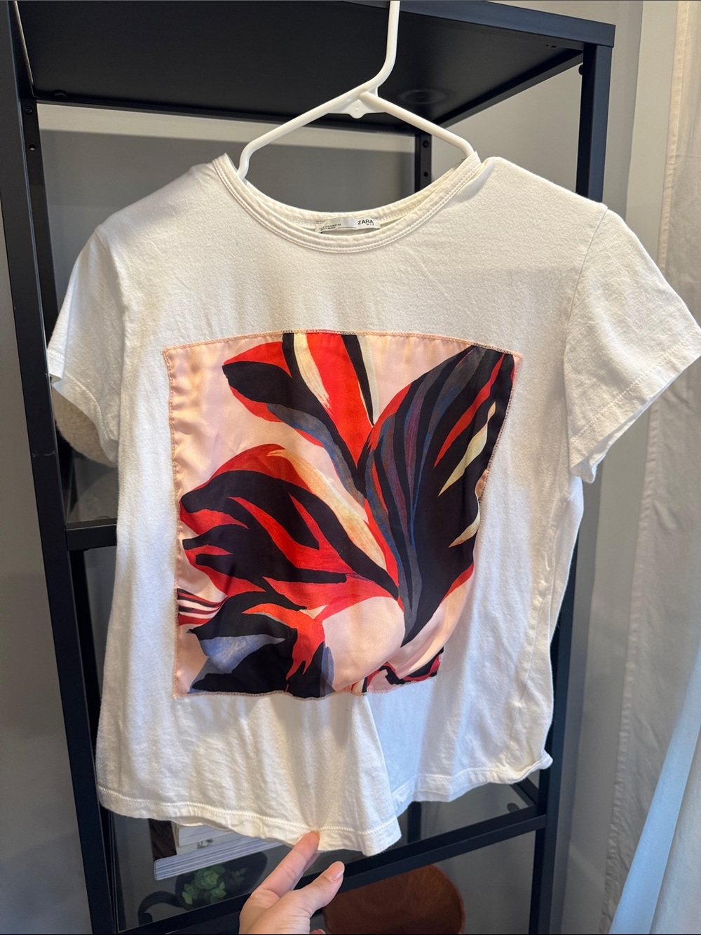 013. Zara White Tee with Red & Black Abstract Floral Panel
